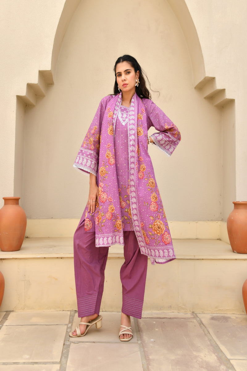 (Vaasva) Women Purple printed short kurta salwar set  (Set of 5 Pc)