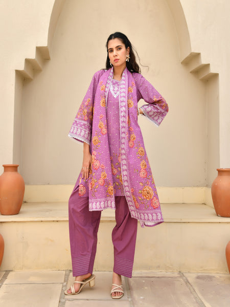 (Vaasva) Women Purple printed short kurta salwar set  (Set of 5 Pc)