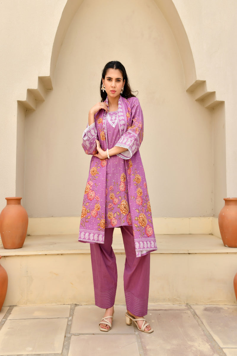 (Vaasva) Women Purple printed short kurta salwar set  (Set of 5 Pc)