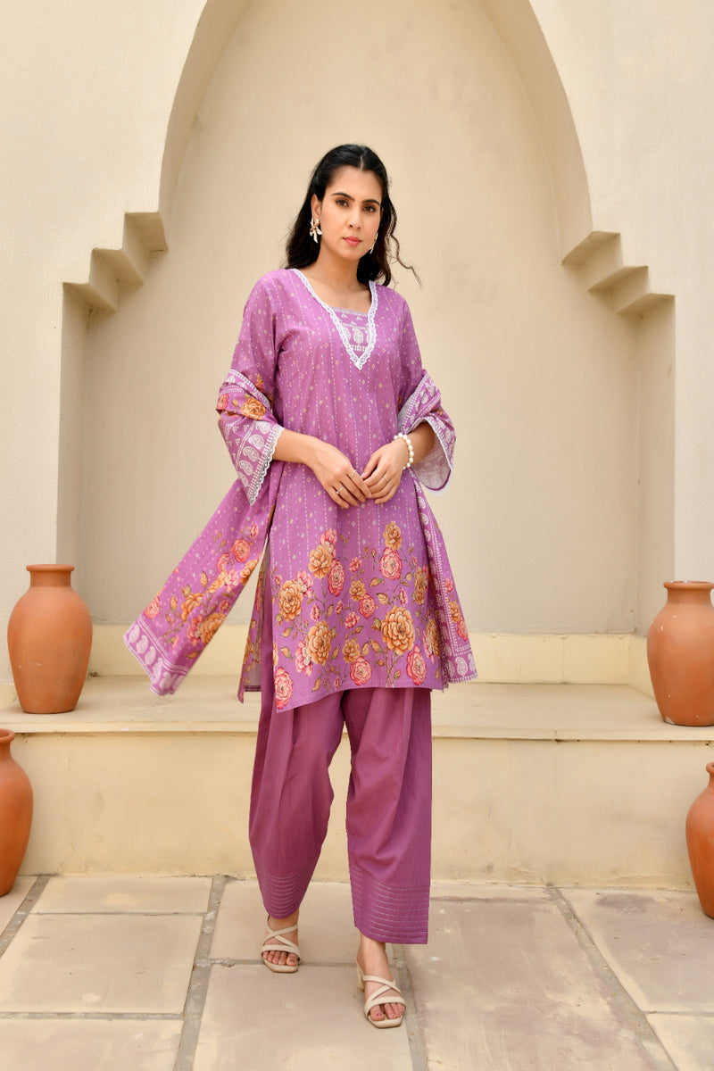 (Vaasva) Women Purple printed short kurta salwar set  (Set of 5 Pc)