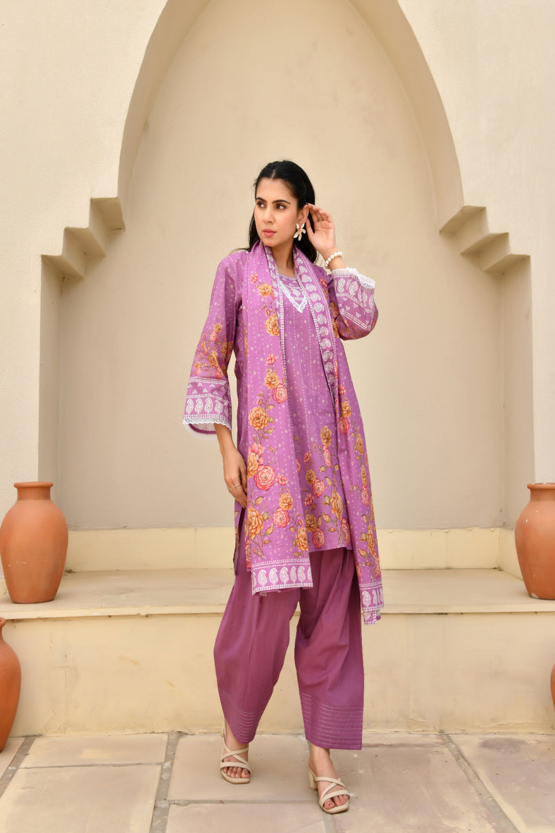 (Vaasva) Women Purple printed short kurta salwar set  (Set of 5 Pc)