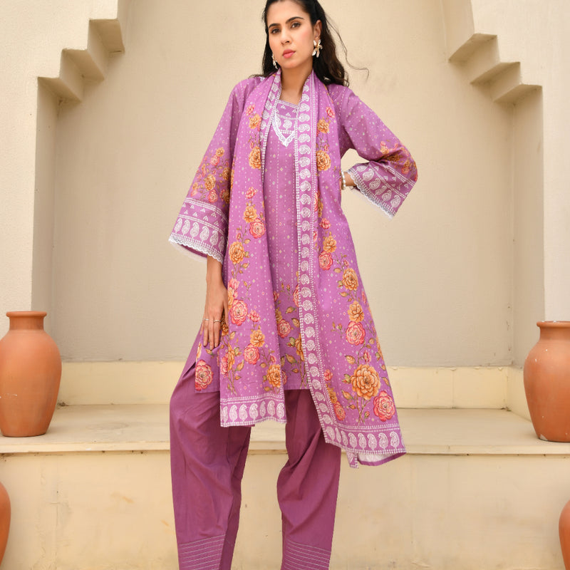 (Vaasva) Women Purple printed short kurta salwar set  (Set of 5 Pc)