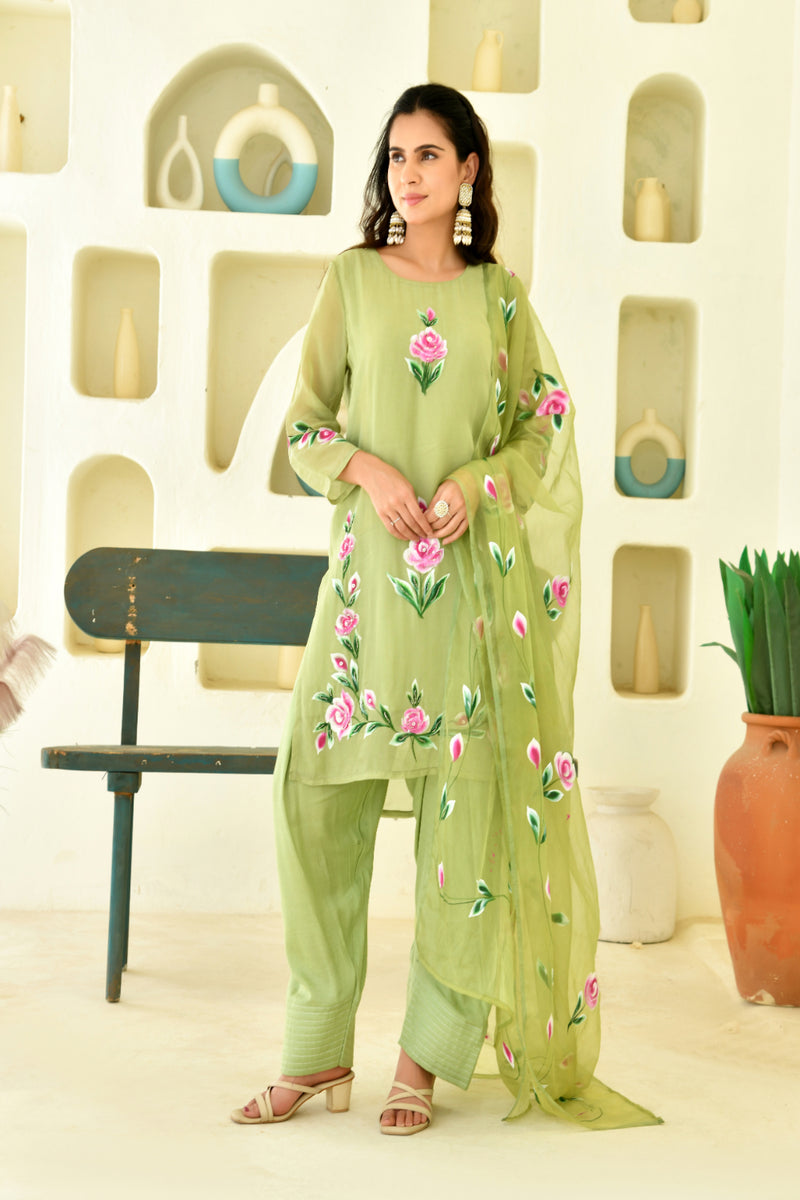 (Vaasva) Women Green Organza brush paint salwar set  (Set of 5 Pc)