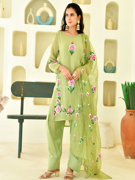 (Vaasva) Women Green Organza brush paint salwar set  (Set of 5 Pc)