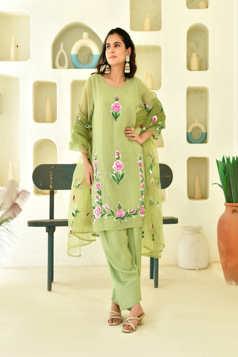 (Vaasva) Women Green Organza brush paint salwar set  (Set of 5 Pc)