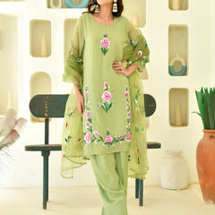 (Vaasva) Women Green Organza brush paint salwar set  (Set of 5 Pc)