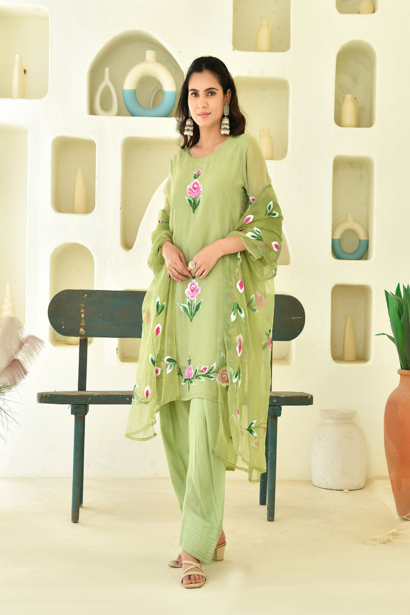 (Vaasva) Women Green Organza brush paint salwar set  (Set of 5 Pc)