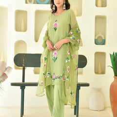 (Vaasva) Women Green Organza brush paint salwar set  (Set of 5 Pc)