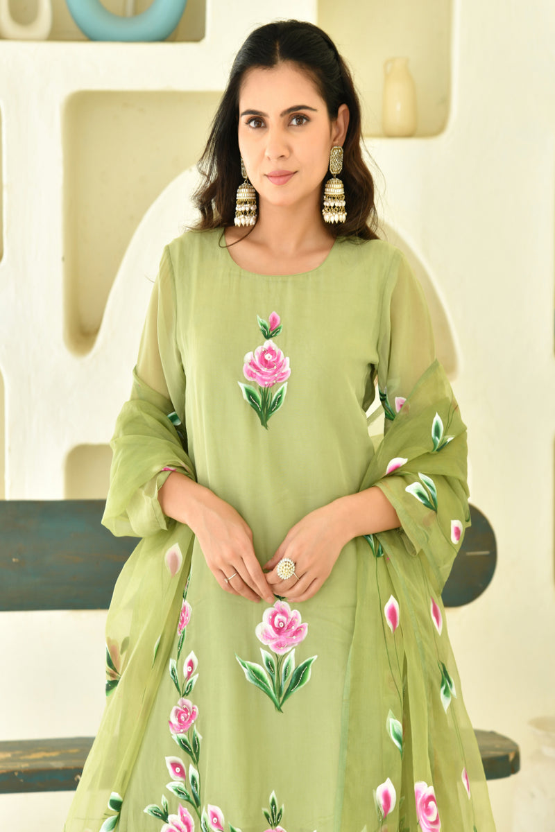 (Vaasva) Women Green Organza brush paint salwar set  (Set of 5 Pc)