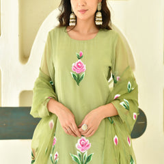 (Vaasva) Women Green Organza brush paint salwar set  (Set of 5 Pc)
