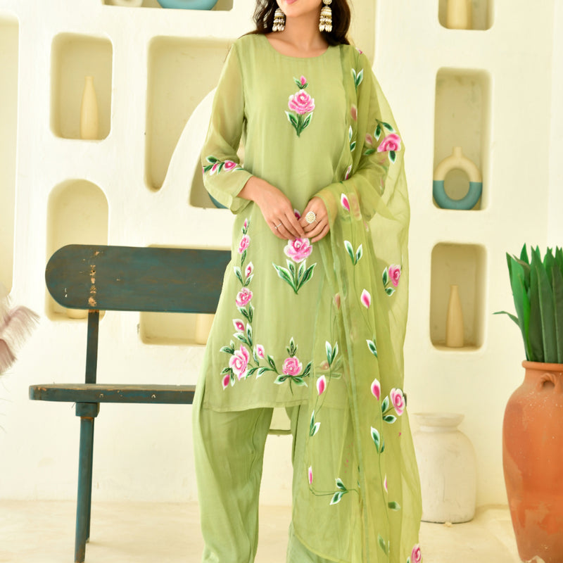 (Vaasva) Women Green Organza brush paint salwar set  (Set of 5 Pc)