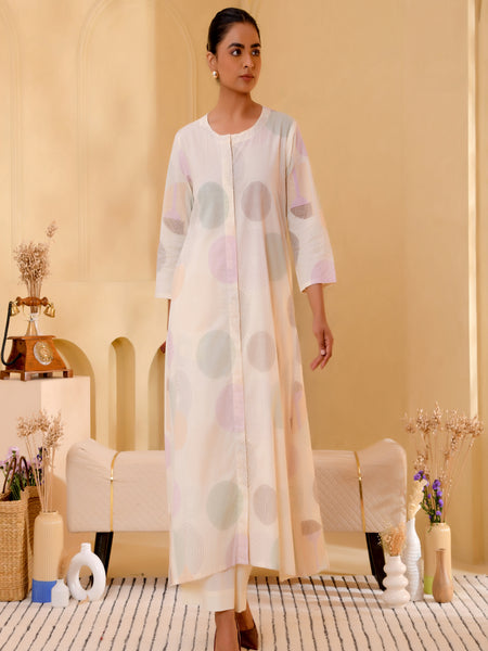 (Vaasva) Women ferozi printed Polka dots long kurta plazzo set  (Set of 5 Pc)