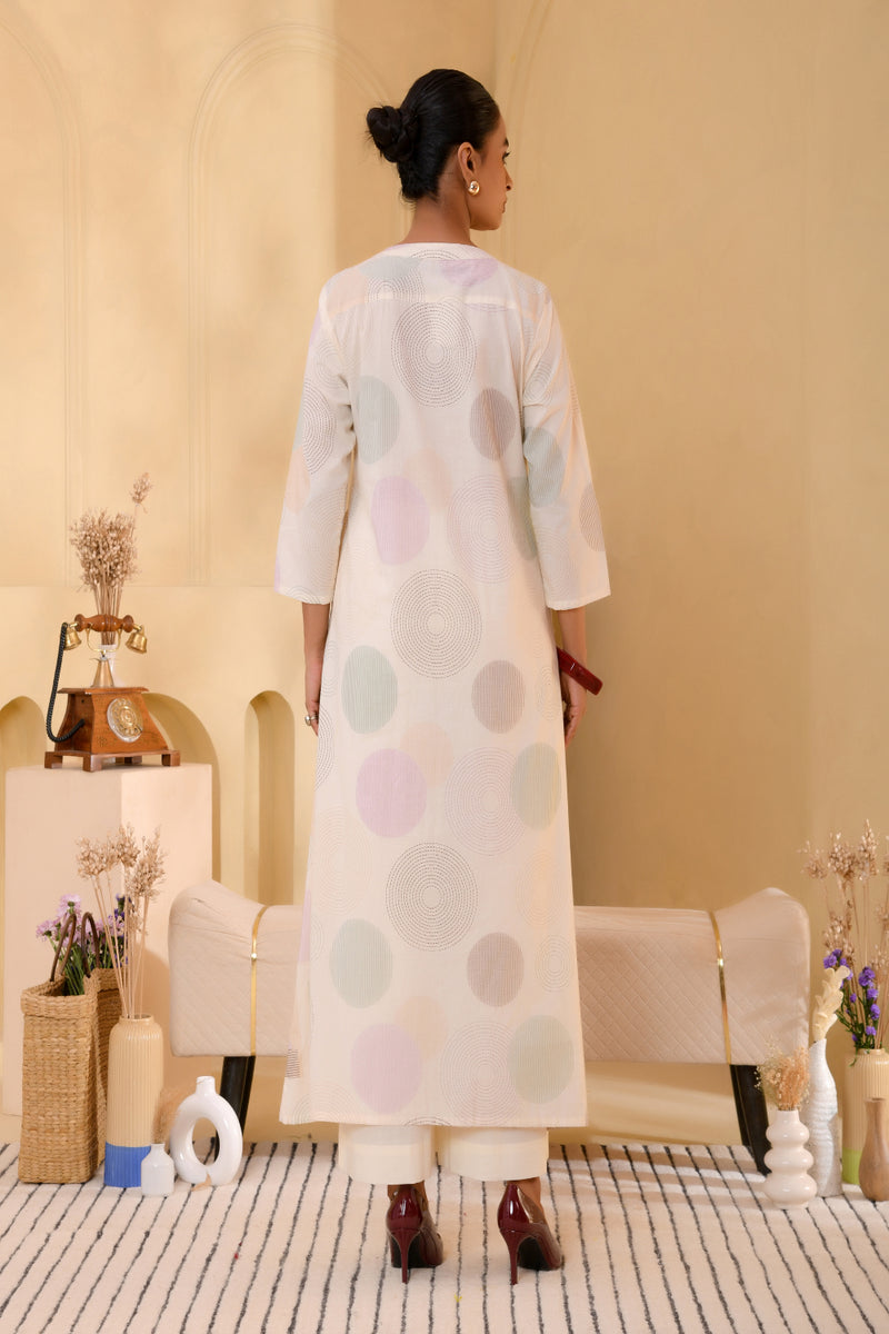 (Vaasva) Women ferozi printed Polka dots long kurta plazzo set  (Set of 5 Pc)