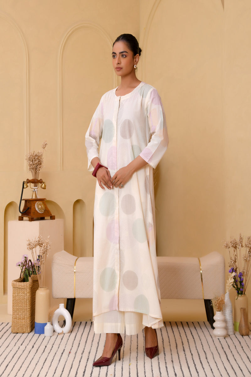 (Vaasva) Women ferozi printed Polka dots long kurta plazzo set  (Set of 5 Pc)