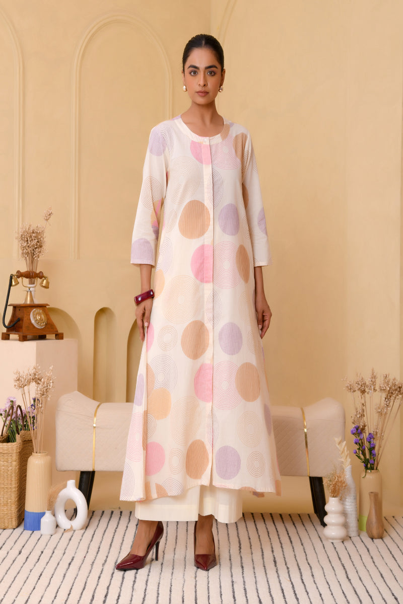 (Vaasva) Women Pink printed Polka dots long kurta plazzo set  (Set of 5 Pc)