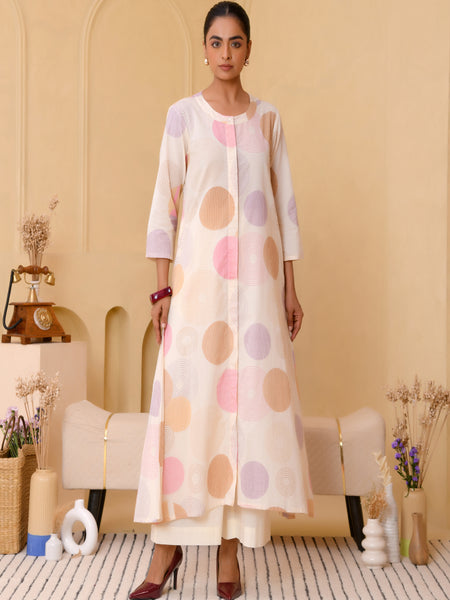 (Vaasva) Women Pink printed Polka dots long kurta plazzo set  (Set of 5 Pc)