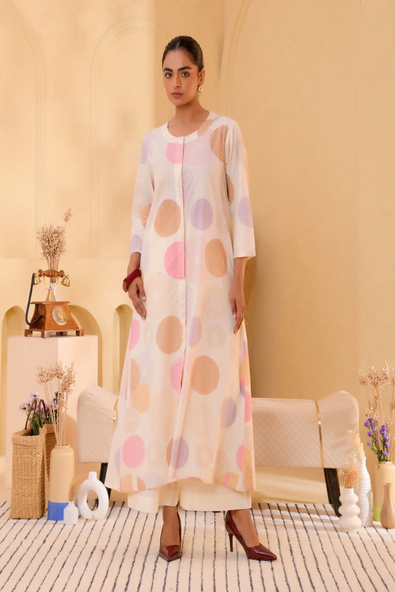 (Vaasva) Women Pink printed Polka dots long kurta plazzo set  (Set of 5 Pc)