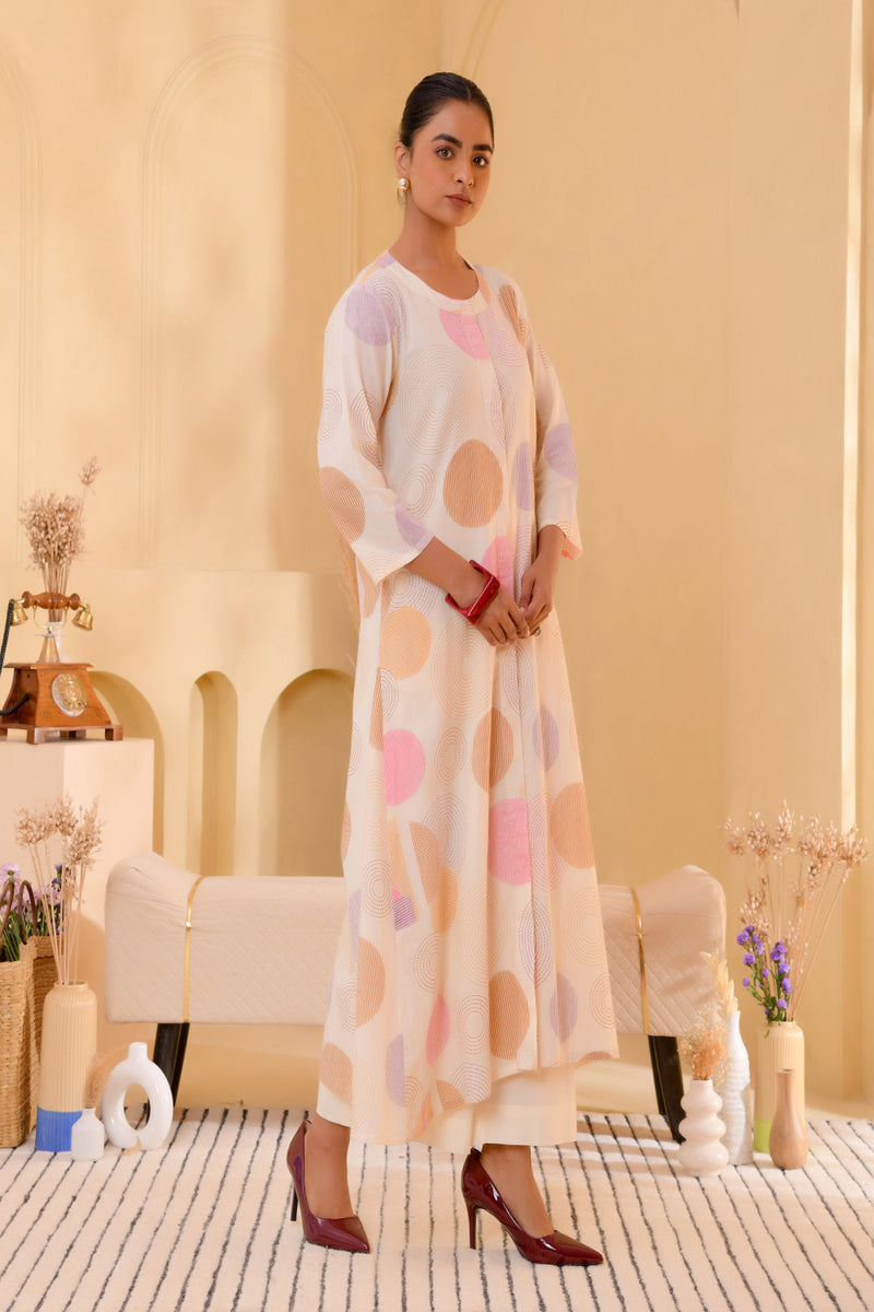 (Vaasva) Women Pink printed Polka dots long kurta plazzo set  (Set of 5 Pc)