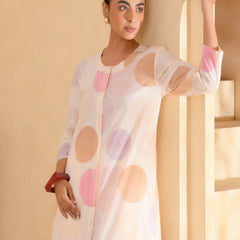 (Vaasva) Women Pink printed Polka dots long kurta plazzo set  (Set of 5 Pc)