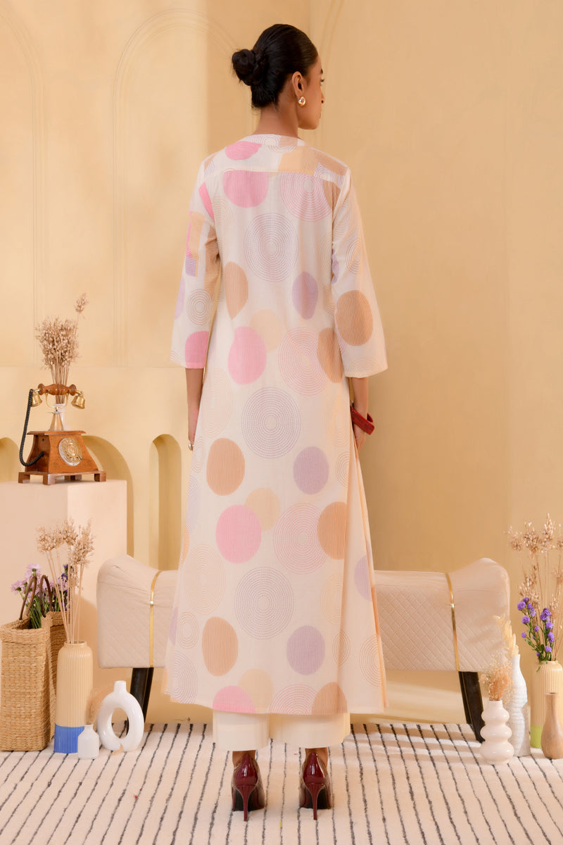 (Vaasva) Women Pink printed Polka dots long kurta plazzo set  (Set of 5 Pc)