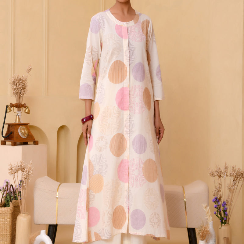 (Vaasva) Women Pink printed Polka dots long kurta plazzo set  (Set of 5 Pc)