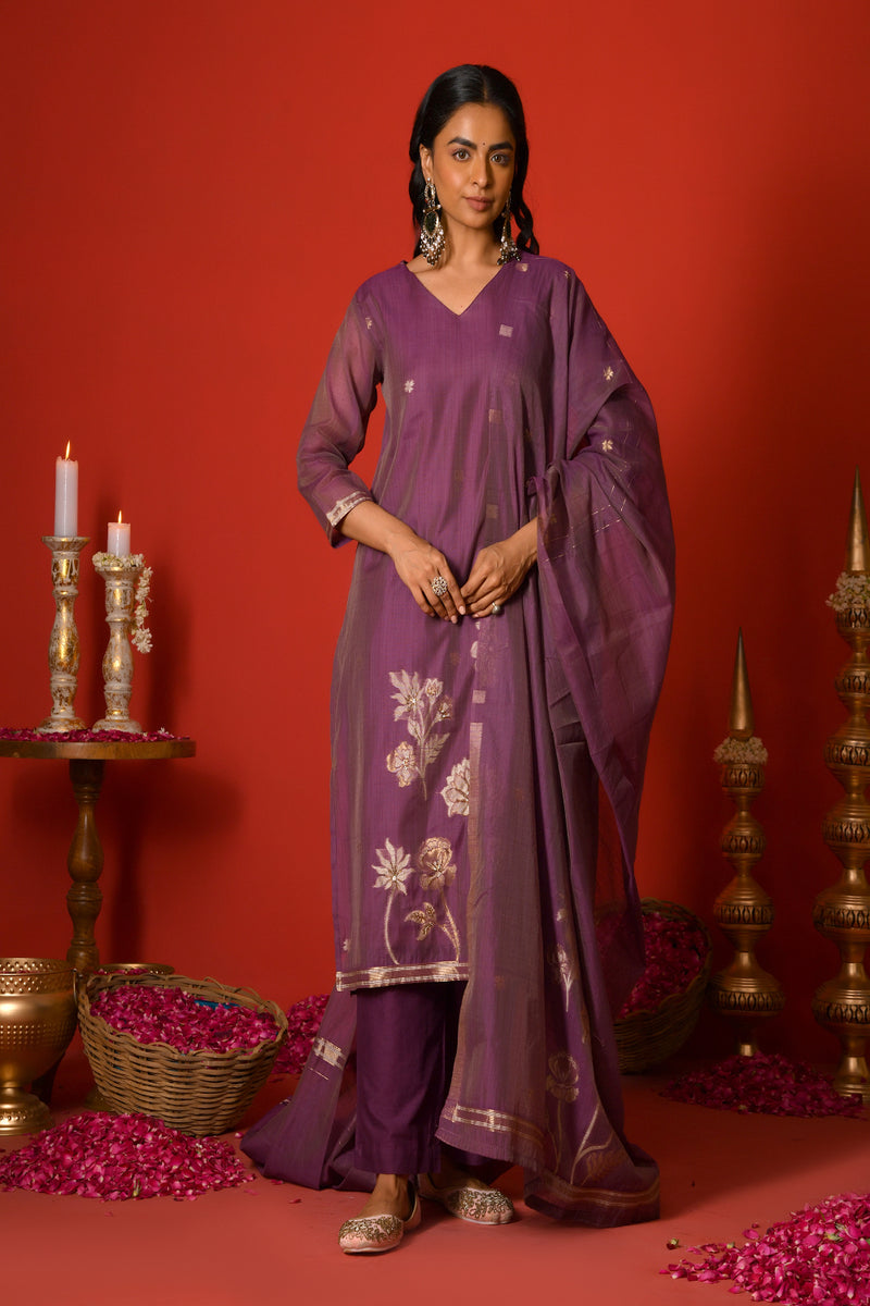 (Vaasva) Women Purple golden floral jamdani suit set  (Set of 5 Pc)