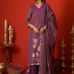 (Vaasva) Women Purple golden floral jamdani suit set  (Set of 5 Pc)