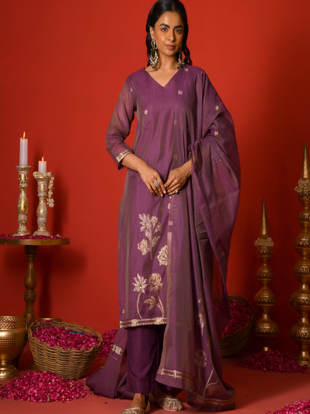 (Vaasva) Women Purple golden floral jamdani suit set  (Set of 5 Pc)