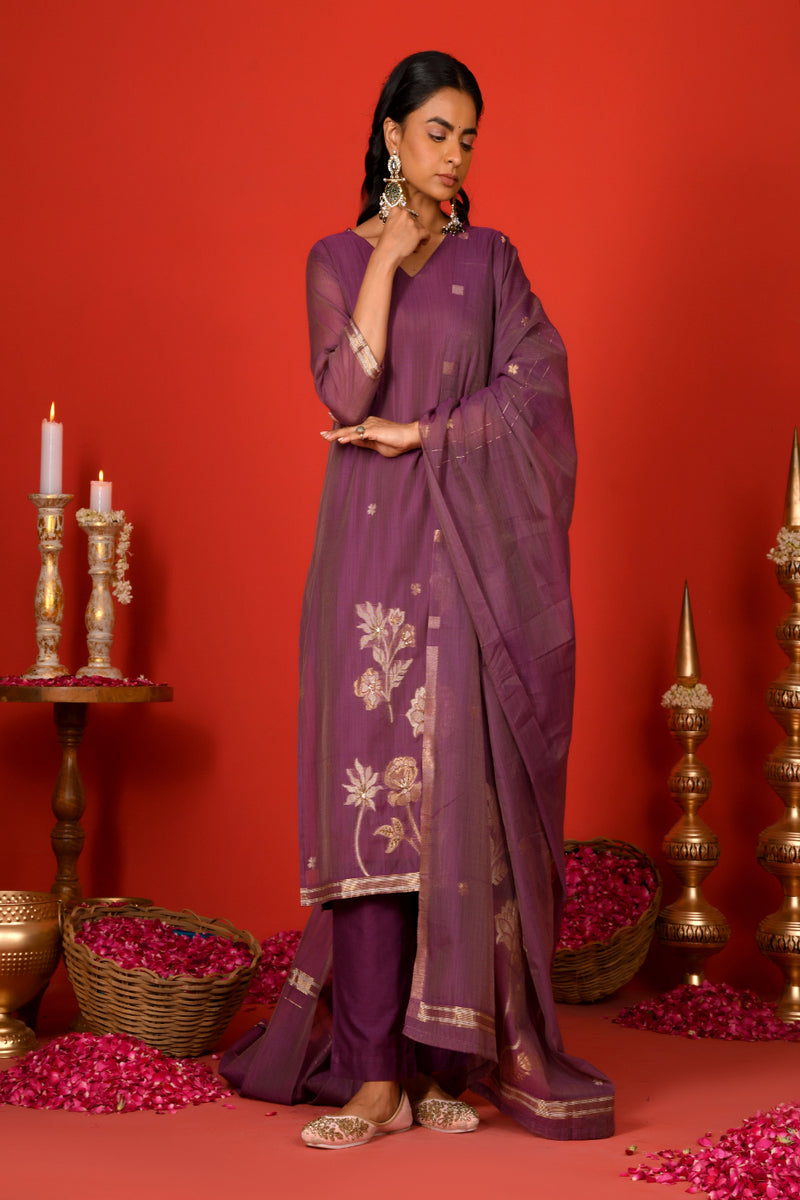 (Vaasva) Women Purple golden floral jamdani suit set  (Set of 5 Pc)