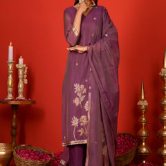 (Vaasva) Women Purple golden floral jamdani suit set  (Set of 5 Pc)