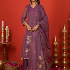 (Vaasva) Women Purple golden floral jamdani suit set  (Set of 5 Pc)