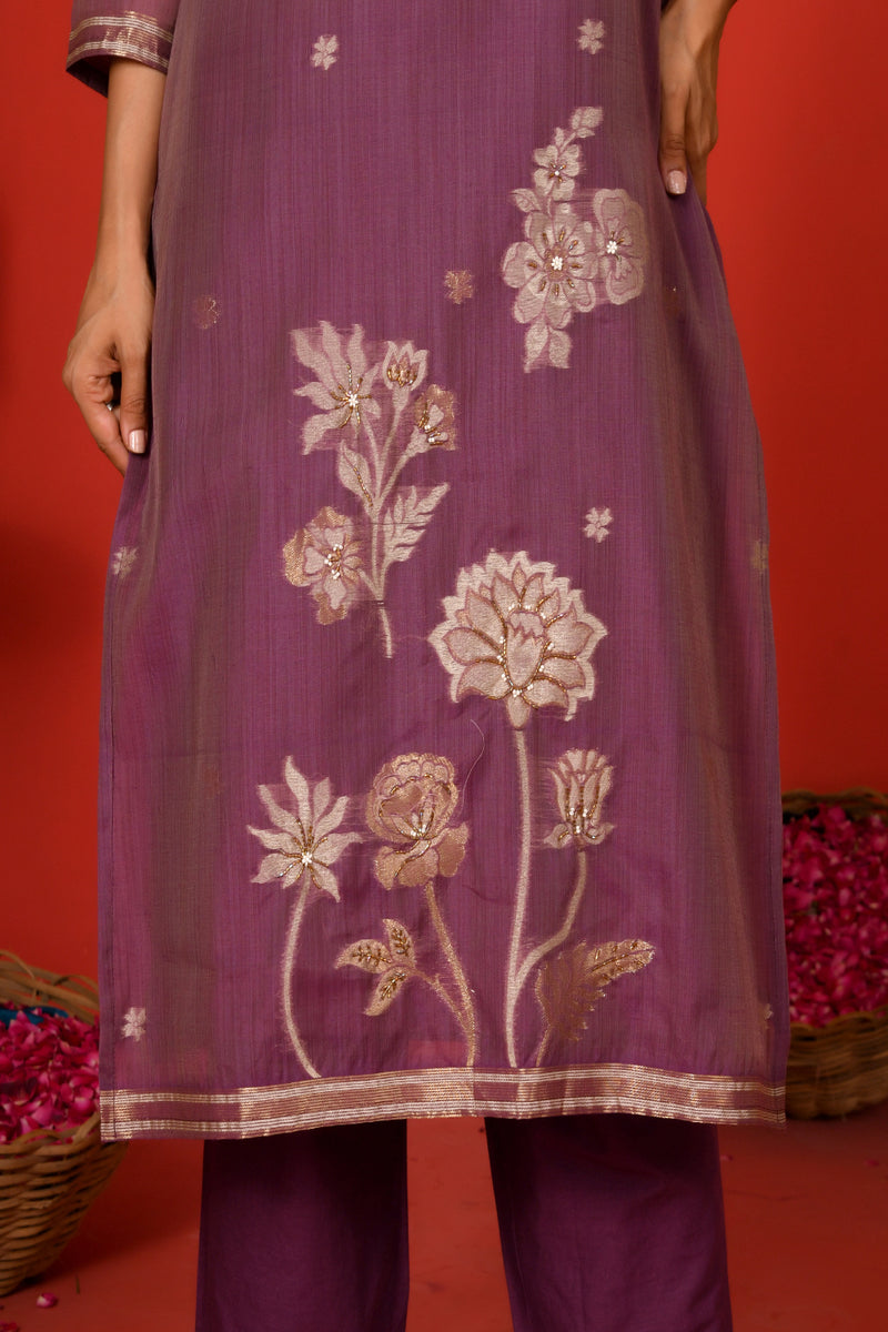 (Vaasva) Women Purple golden floral jamdani suit set  (Set of 5 Pc)