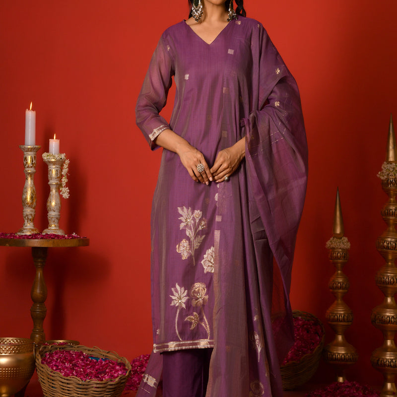 (Vaasva) Women Purple golden floral jamdani suit set  (Set of 5 Pc)