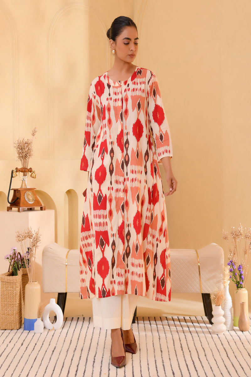 (Vaasva) Women Ikat printed long aline kurta palazzo set  (Set of 5 Pc)