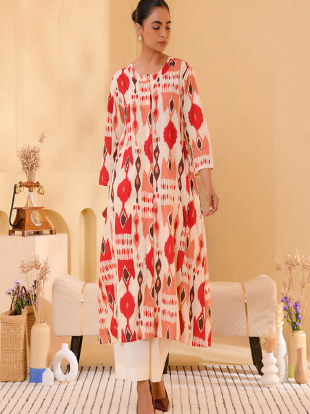 (Vaasva) Women Ikat printed long aline kurta palazzo set  (Set of 5 Pc)