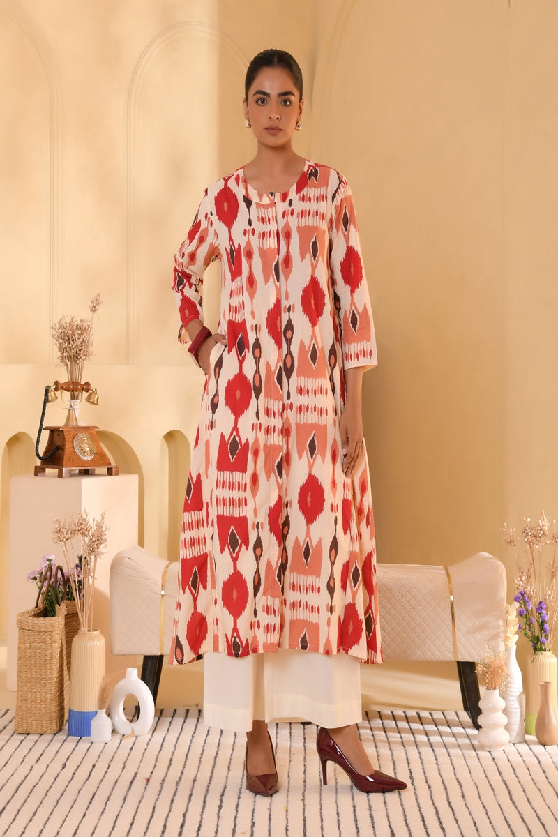 (Vaasva) Women Ikat printed long aline kurta palazzo set  (Set of 5 Pc)