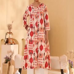 (Vaasva) Women Ikat printed long aline kurta palazzo set  (Set of 5 Pc)