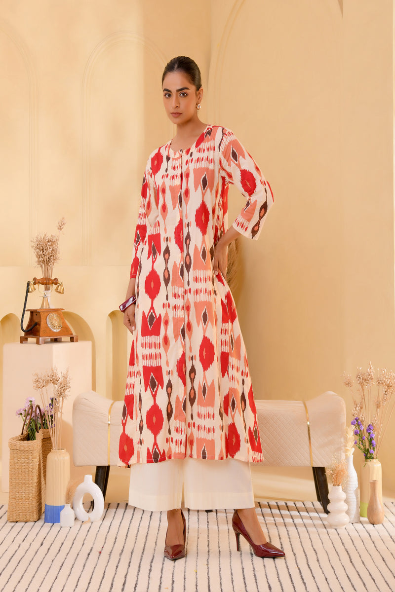 (Vaasva) Women Ikat printed long aline kurta palazzo set  (Set of 5 Pc)