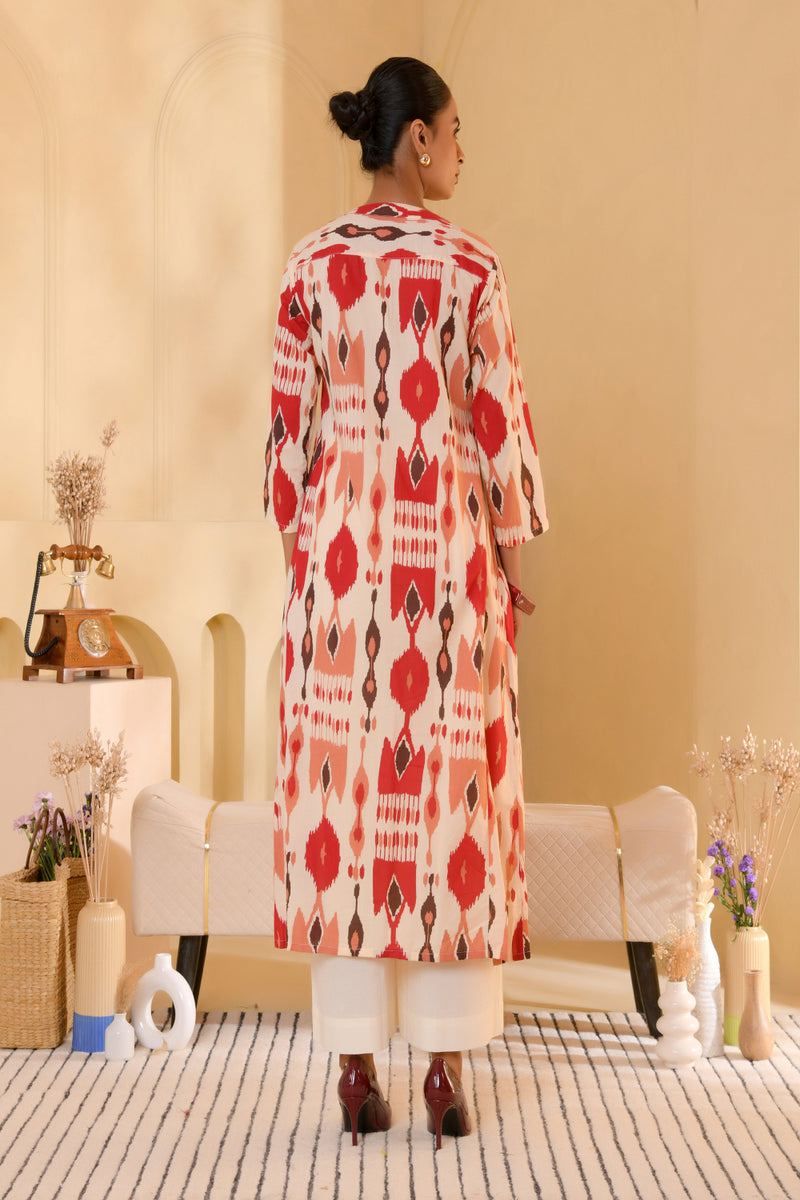 (Vaasva) Women Ikat printed long aline kurta palazzo set  (Set of 5 Pc)