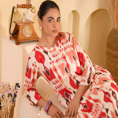 (Vaasva) Women Ikat printed long aline kurta palazzo set  (Set of 5 Pc)