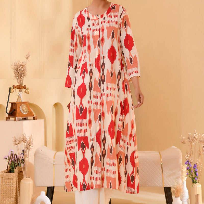 (Vaasva) Women Ikat printed long aline kurta palazzo set  (Set of 5 Pc)