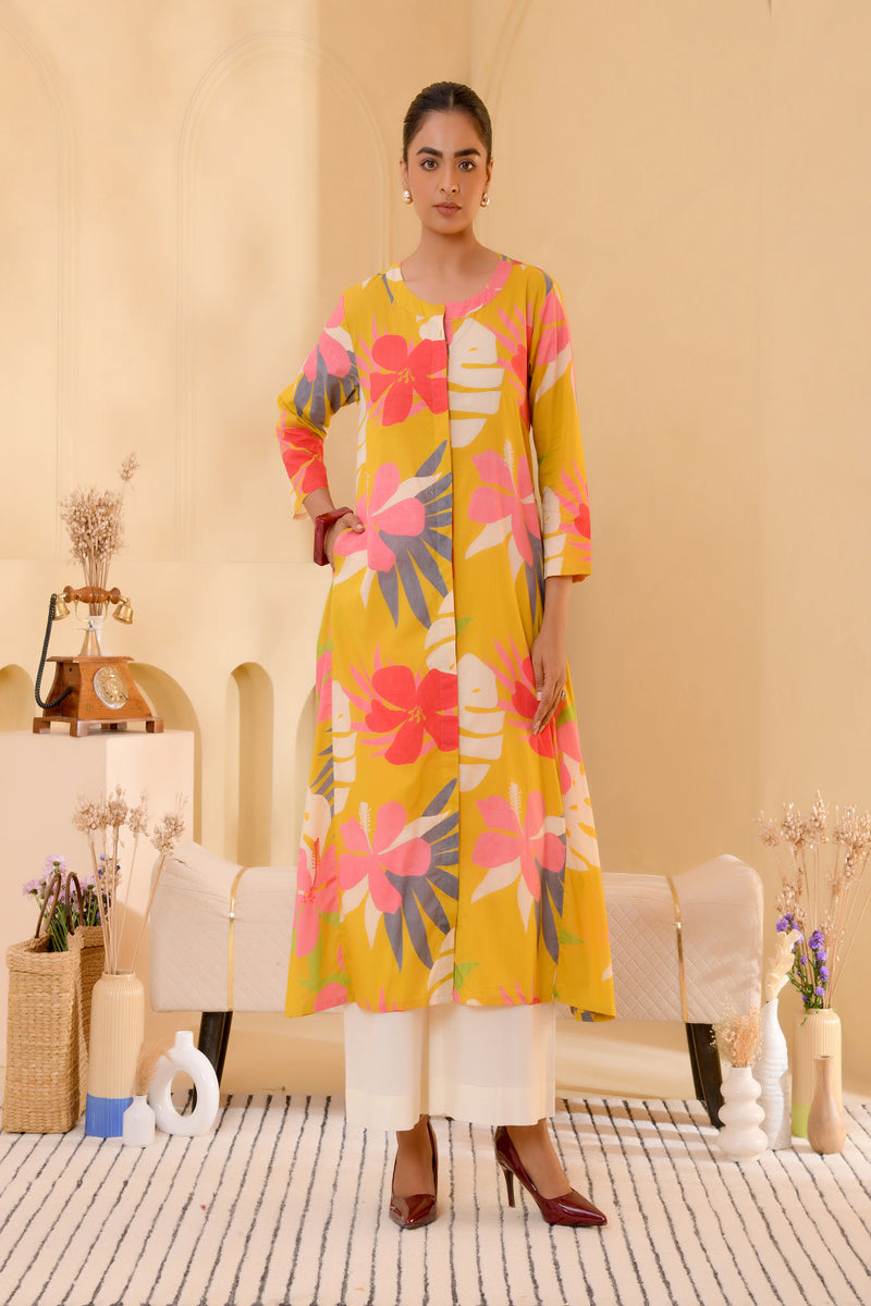 (Vaasva) Women Mustard multi floral printed long aline kurta palazzo set  (Set of 5 Pc)