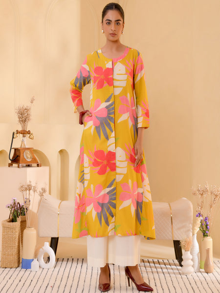 (Vaasva) Women Mustard multi floral printed long aline kurta palazzo set  (Set of 5 Pc)