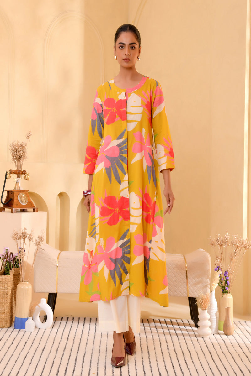 (Vaasva) Women Mustard multi floral printed long aline kurta palazzo set  (Set of 5 Pc)