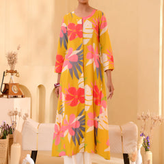 (Vaasva) Women Mustard multi floral printed long aline kurta palazzo set  (Set of 5 Pc)