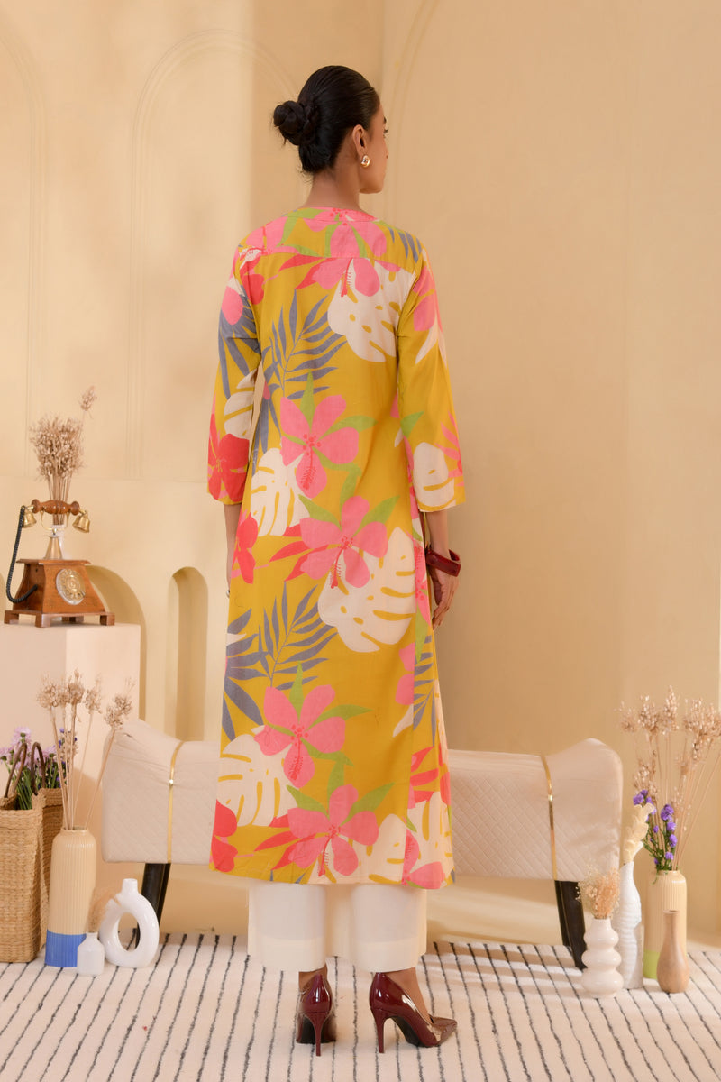 (Vaasva) Women Mustard multi floral printed long aline kurta palazzo set  (Set of 5 Pc)
