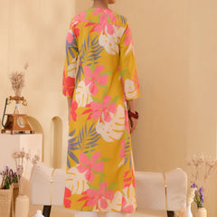 (Vaasva) Women Mustard multi floral printed long aline kurta palazzo set  (Set of 5 Pc)