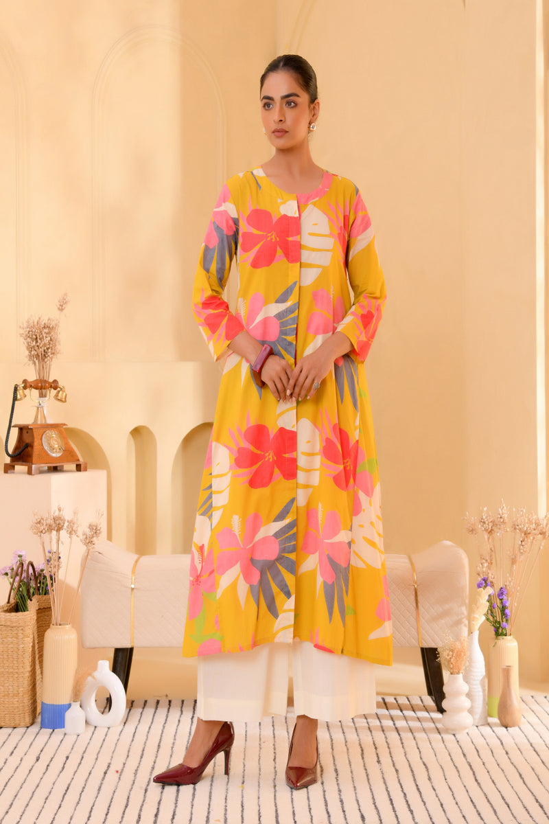 (Vaasva) Women Mustard multi floral printed long aline kurta palazzo set  (Set of 5 Pc)