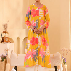 (Vaasva) Women Mustard multi floral printed long aline kurta palazzo set  (Set of 5 Pc)