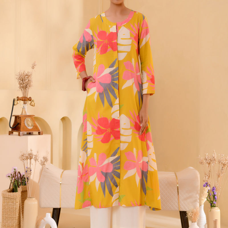 (Vaasva) Women Mustard multi floral printed long aline kurta palazzo set  (Set of 5 Pc)